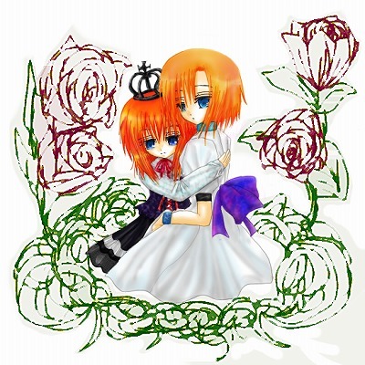 ryuuguu rena, ushiromiya maria, higurashi no naku koro ni, umineko no naku koro ni, lowres, 00s, 2girls, blue eyes, company connection, creator connection, crossover, crown, dress, flower, hug, in-franchise crossover, multiple girls, orange hair, ribbon, rose, short hair