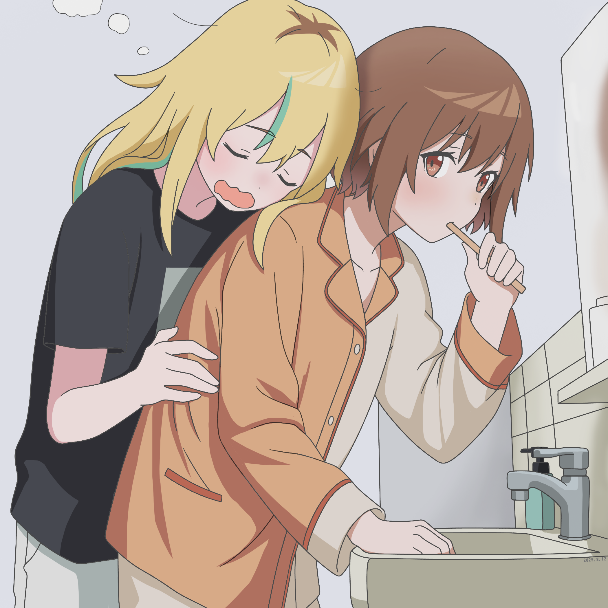 kouzuki mahiru, yamanouchi kano, yoru no kurage wa oyogenai, commentary request, highres, 2girls, black shirt, blonde hair, brown eyes, brown hair, brushing teeth, closed eyes, dan yui, green hair, grey background, long hair, long sleeves, multicolored hair, multiple girls, open mouth, pajamas, roots (hair), shirt, short sleeves, simple background, sink, sleepy, streaked hair, yuri