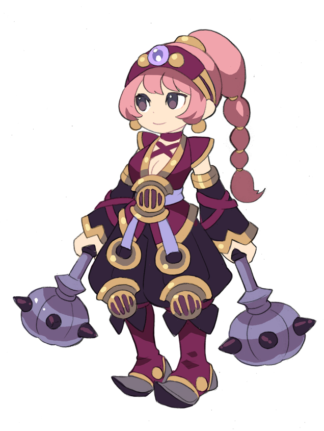 asgard, nexon, artist request, commentary request, korean commentary, weapon request, 1girl, asura (asgard), baggy pants, black eyes, black pants, black sleeves, boots, braid, braided ponytail, breasts, choker, cleavage, closed mouth, cross-laced armwear, cross-laced clothes, cross-laced top, detached sleeves, dot nose, earrings, full body, gold earrings, gold hair tie, gold hairband, gold trim, hair tie, hairband, high ponytail, holding, holding weapon, jewelry, knee boots, legs apart, long hair, looking to the side, medium breasts, obi, pants, ponytail, purple sash, red choker, red hairband, red shirt, red sleeves, sash, shirt, short sleeves, simple background, smile, solo, standing, weapon, white background