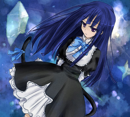frederica bernkastel, umineko no naku koro ni, lowres, 00s, blue hair, cat tail, dress, long hair, purple eyes, ribbon, solo, tail