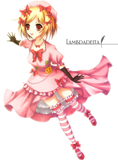 lambdadelta, umineko no naku koro ni, 00s, 1girl, beret, blonde hair, character name, dress, female focus, gem, gloves, hat, jack-o'-lantern, orange eyes, pearl (gemstone), pink dress, pink hat, pink theme, pumpkin, ribbon, short hair, smile, solo, striped clothes, striped thighhighs, thighhighs, white background