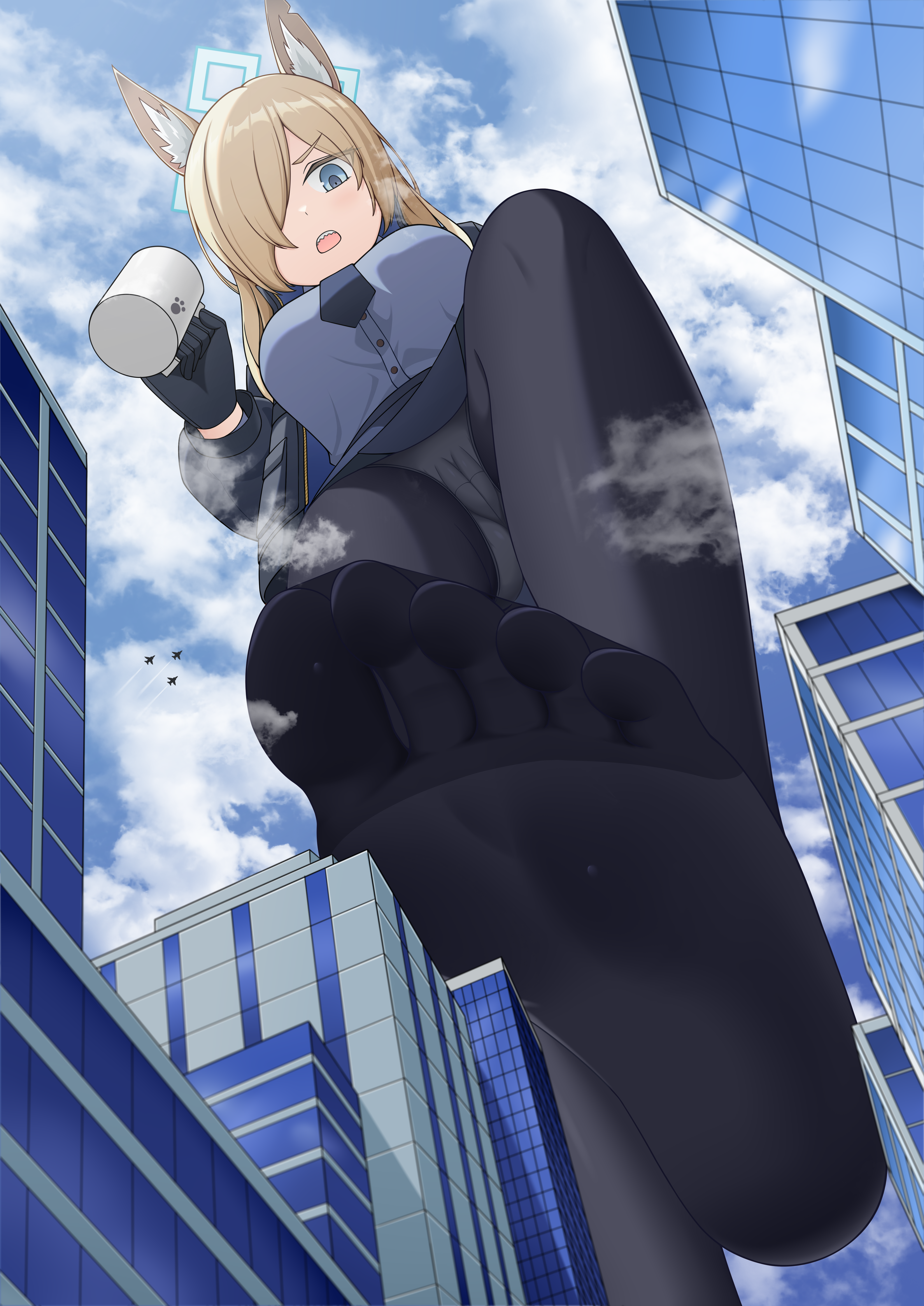 c1 comb3r, kanna (blue archive), blue archive, absurdres, highres, 1girl, animal ear fluff, animal ears, black gloves, black jacket, black necktie, black pantyhose, blonde hair, blue eyes, blue halo, blue shirt, blue skirt, blue sky, building, city, cloud, coffee mug, cup, dog ears, dog girl, feet, foot focus, from below, giant, giantess, gloves, hair over one eye, halo, holding, holding cup, jacket, long hair, long sleeves, looking at viewer, looking down, mug, necktie, no shoes, notched ear, open clothes, open jacket, outdoors, panties, panties under pantyhose, pantyhose, shirt, skirt, sky, solo, underwear