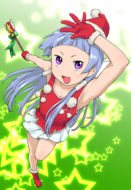 ueyama michirou, nagi, kannagi, 00s, 1girl, blue hair, blunt bangs, boots, christmas, female focus, gloves, hair ornament, hair tubes, hat, long hair, miniskirt, pleated skirt, purple eyes, red gloves, santa costume, santa hat, skirt, smile, solo, tank top, wand, white skirt