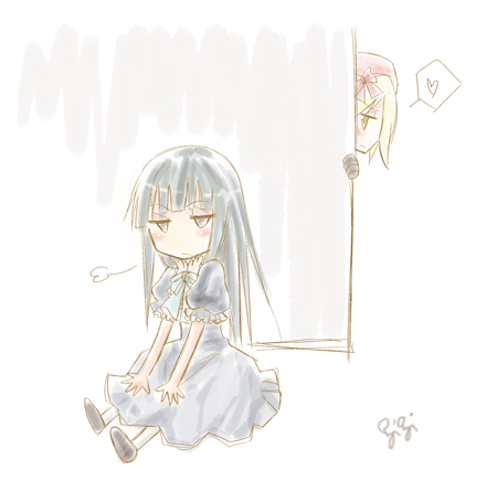 gigi, frederica bernkastel, lambdadelta, umineko no naku koro ni, lowres, 00s, 2girls, blonde hair, blue hair, chibi, dress, hat, multiple girls, purple eyes, ribbon, short hair, sitting