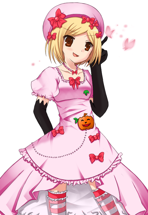 lambdadelta, umineko no naku koro ni, 00s, 1girl, beret, blonde hair, bug, butterfly, dress, female focus, gem, gloves, hat, insect, jack-o'-lantern, orange eyes, pearl (gemstone), pink dress, pink hat, pumpkin, ribbon, short hair, solo