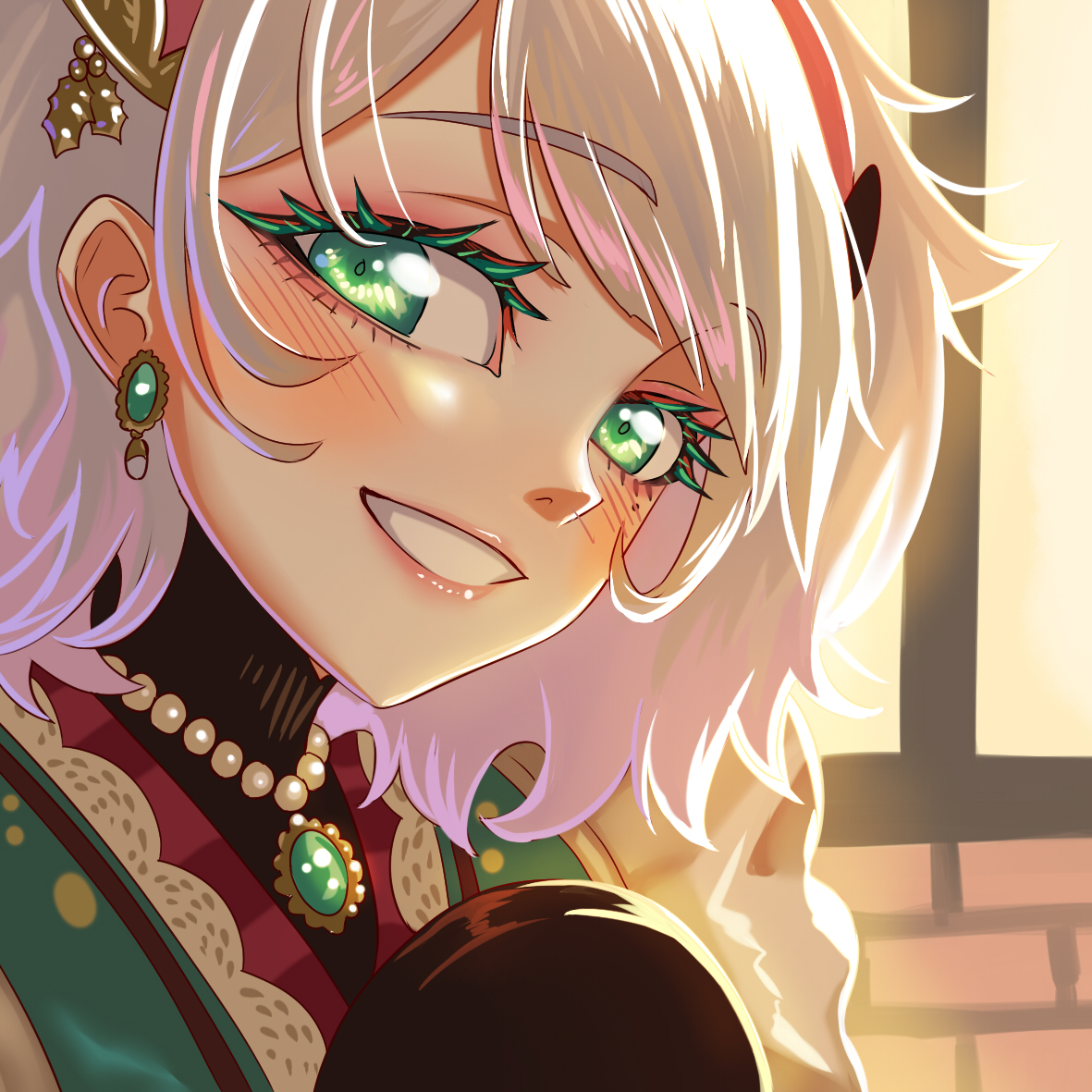 der zweite, hiiragi emuri, glitch stars, 1girl, ear ornament, green eyes, jewelry, looking at viewer, mole, mole under eye, necklace, turtleneck, virtual youtuber