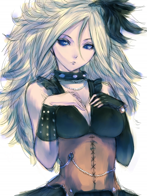 fumio (rsqkr), setia, dragon quest, dragon quest swords, silver hair, 1girl, blue eyes, breasts, cleavage, collar, corset, feather hair ornament, feathers, female focus, fingerless gloves, gloves, hair ornament, solo