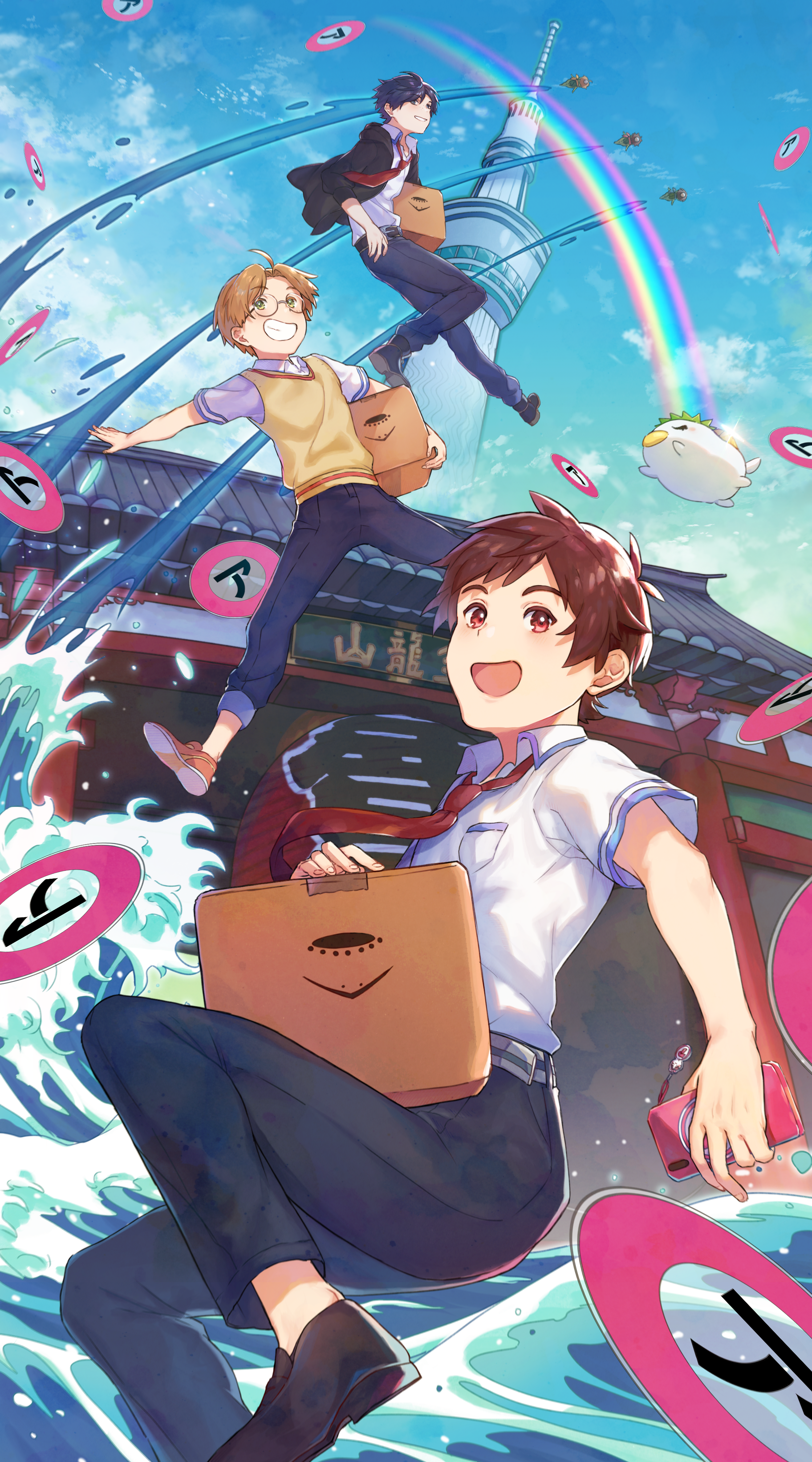 tuze111, jinnai enta, keppi, kuji toi, yasaka kazuki, sarazanmai, absurdres, commentary request, highres, translation request, 3boys, ahoge, black pants, black shoes, blue hair, blue sky, box, brown hair, brown sweater vest, cardboard box, collared shirt, floating, glasses, holding, holding box, kappa, lantern, male focus, multiple boys, necktie, open mouth, orange shoes, pants, paper lantern, rainbow, red necktie, round eyewear, shirt, shoes, short hair, shrine, sign, sky, sweater vest, waves, white hair
