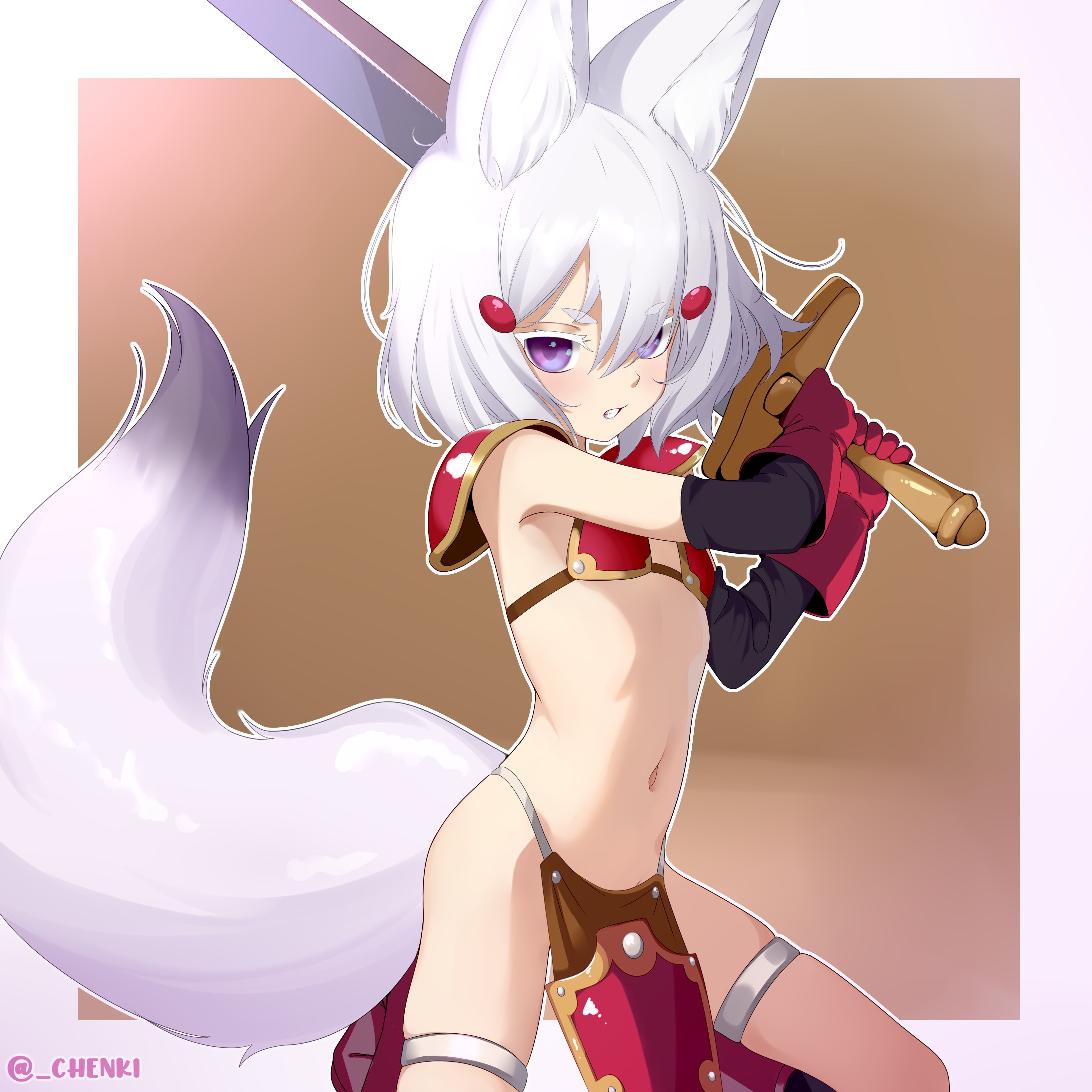 chenki (chenki), tenma maemi, phase connect, absurdres, commentary, english commentary, highres, 1girl, animal ear fluff, animal ears, armor, bikini armor, flat chest, fox ears, fox tail, gloves, holding, navel, purple eyes, shoulder armor, solo, sword, tail, virtual youtuber, weapon, white hair