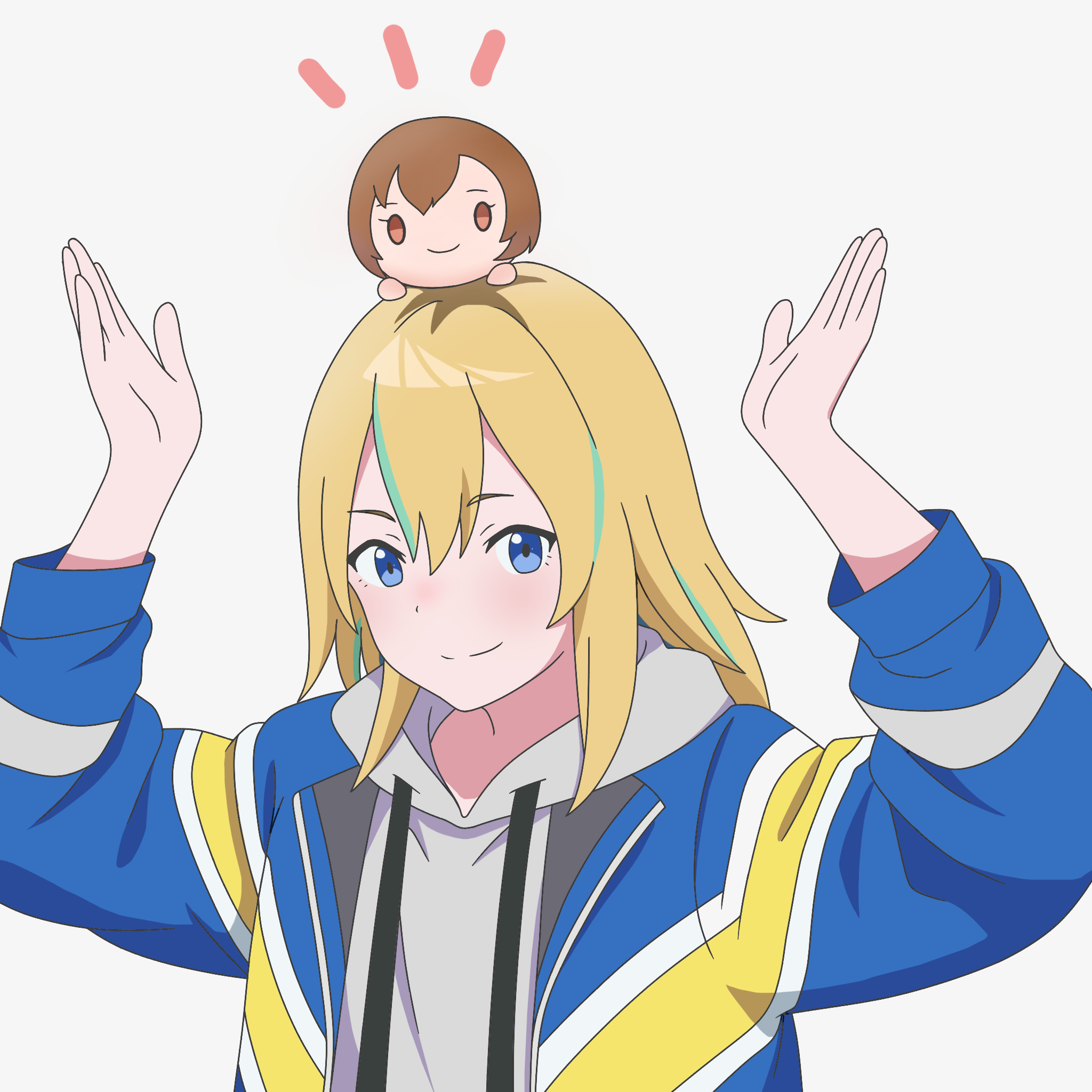 kouzuki mahiru, yamanouchi kano, yoru no kurage wa oyogenai, commentary request, highres, 1girl, blonde hair, blue eyes, character doll, closed mouth, dan yui, doll, green hair, grey hoodie, hair between eyes, hands up, hood, hood down, hoodie, long hair, long sleeves, looking at viewer, multicolored hair, roots (hair), simple background, streaked hair, upper body, white background