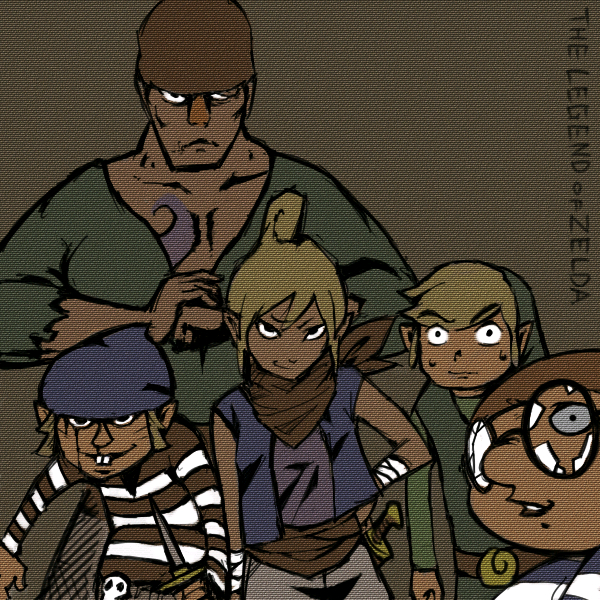 kuruuya, gonzo, gonzo (zelda), link, mako (zelda), niko (zelda), tetra, nintendo, the legend of zelda, the legend of zelda: the wind waker, 1girl, 4boys, androgynous, bandana, blonde hair, broken eyewear, brown background, buck teeth, copyright name, cracking knuckles, dagger, glasses, hand on own hip, knife, multiple boys, neckerchief, pirate, pointy ears, scarf, simple background, smirk, teeth, tomboy, v-neck, weapon, you gonna get raped