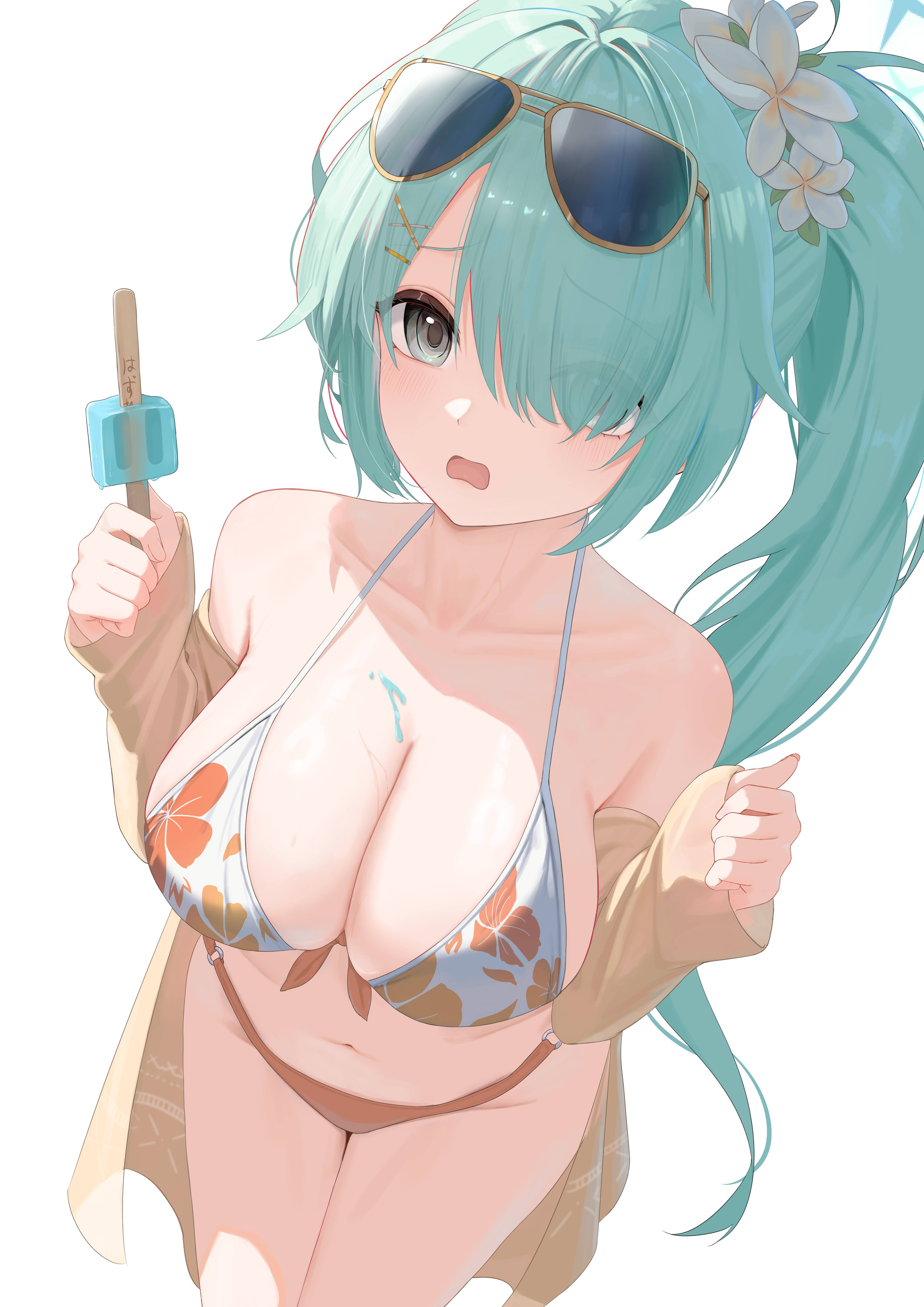 pige pig, hiyori (blue archive), hiyori (swimsuit) (blue archive), blue archive, absurdres, highres, 1girl, bikini, breasts, eyewear on head, floral print, floral print bikini, food, from above, front-tie bikini top, front-tie top, green eyes, green hair, hair over one eye, large breasts, long hair, mismatched bikini, multicolored bikini, orange bikini, ponytail, popsicle, print bikini, solo, sunglasses, swimsuit