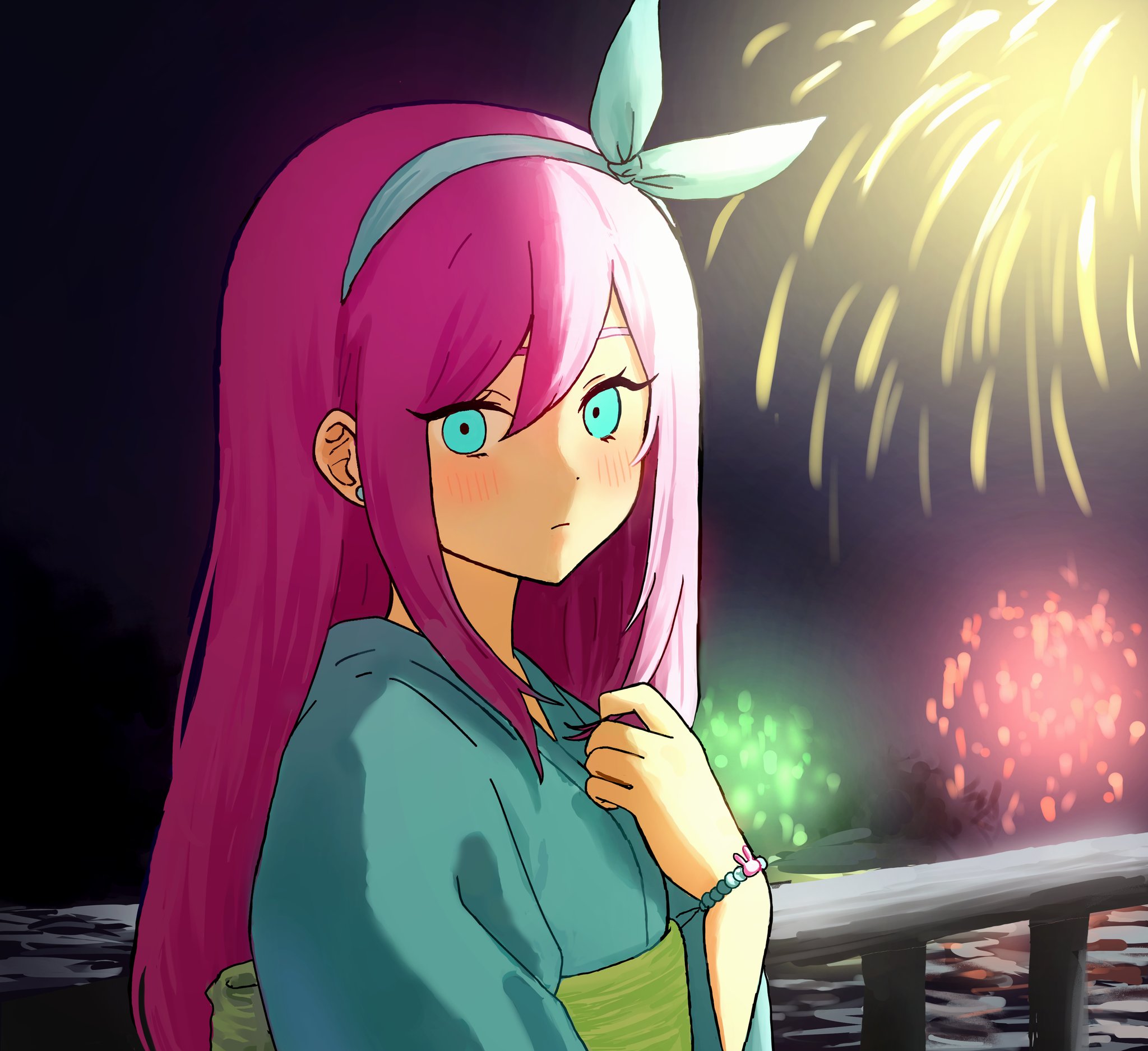 mimn (kdjgxrt1xt69701), aubrey (faraway) (omori), aubrey (omori), omori, hashtag-only commentary, highres, 1girl, aerial fireworks, aqua eyes, aqua hairband, aqua kimono, black sky, blush, bow hairband, double-parted bangs, earrings, expressionless, fence, fireworks, hair between eyes, hairband, hand on own chest, hand up, japanese clothes, jewelry, kimono, long hair, long sleeves, looking at viewer, night, night sky, outdoors, pink hair, sidelighting, sidelocks, sky, solo, straight hair, stud earrings, upper body, water