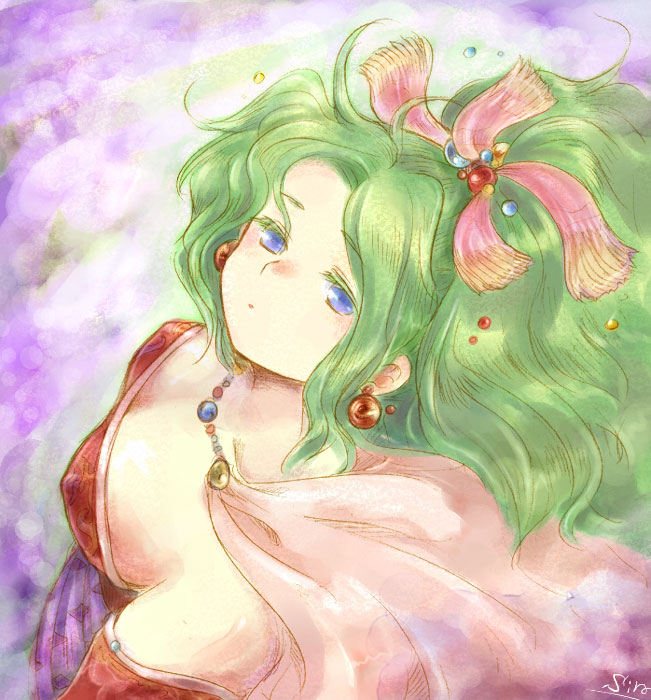 tina branford, final fantasy, final fantasy vi, bad id, bad pixiv id, 1990s (style), 1girl, blue eyes, bow, breasts, cape, cleavage, earrings, female focus, green hair, jewelry, long hair, pink bow, retro artstyle, solo