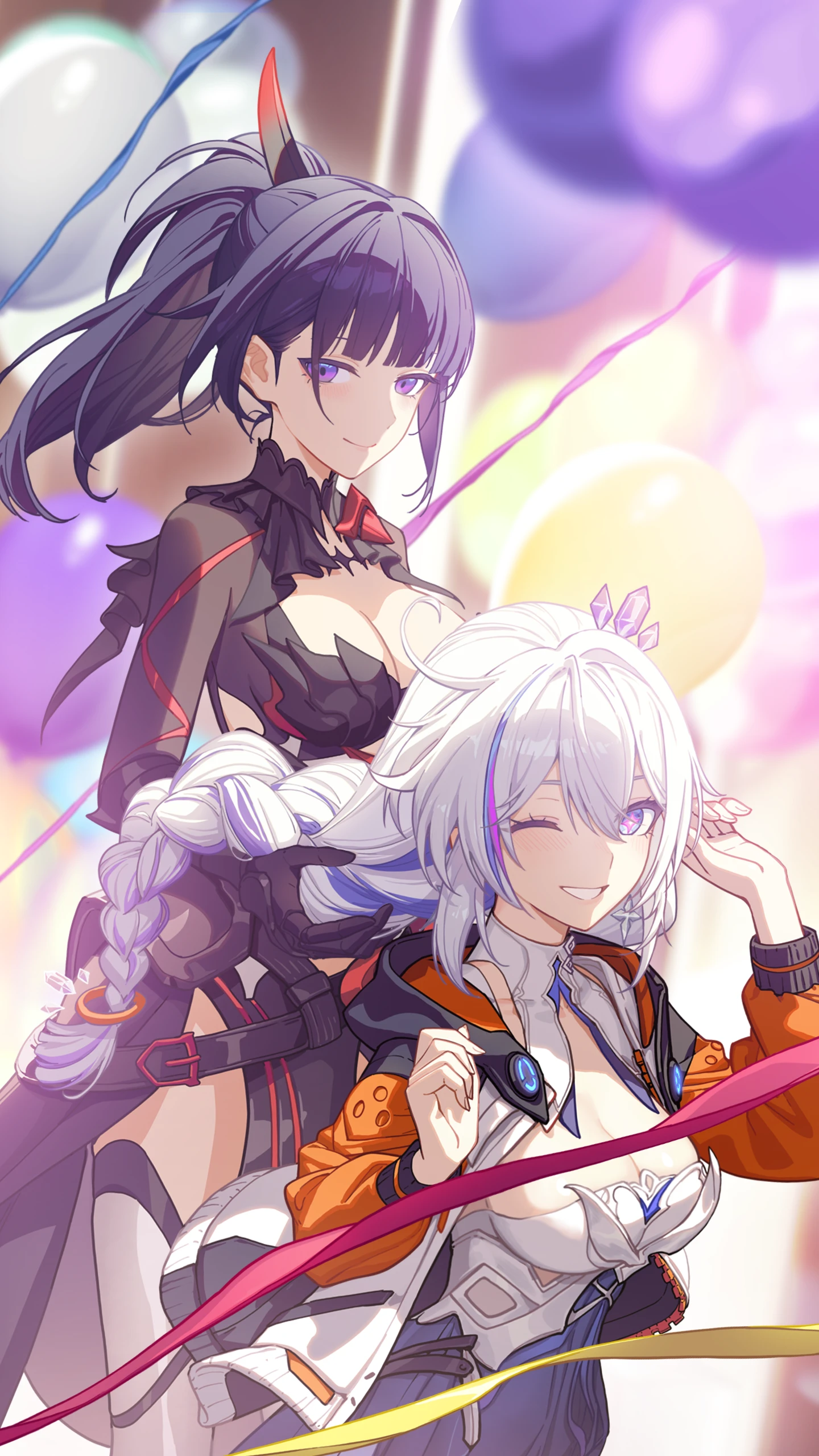 madyy, kiana kaslana, kiana kaslana (apho), kiana kaslana (herrscher of finality), kiana kaslana (white comet), raiden mei, raiden mei (danzai spectramancer), raiden mei (orochi cuirass), honkai (series), honkai impact 3rd, absurdres, chinese commentary, commentary request, highres, 2girls, balloon, black dress, black gloves, black skirt, blue eyes, blue skirt, blurry, blurry background, braid, braided ponytail, breasts, cleavage, closed mouth, dress, fingernails, gloves, hair between eyes, hands up, hood, hood down, hooded jacket, jacket, large breasts, long hair, looking at viewer, multicolored hair, multiple girls, official alternate costume, one eye closed, parted lips, purple eyes, purple hair, self cosplay, skirt, smile, streaked hair, thighs, white dress