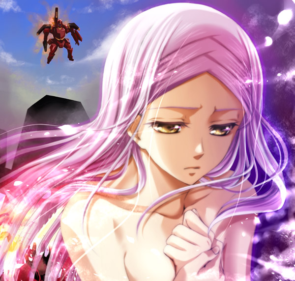 sasano shiki, soma peries, gundam, gundam 00, light purple hair, 00s, mecha, mugshot, petals, robot, sad, solo, yellow eyes