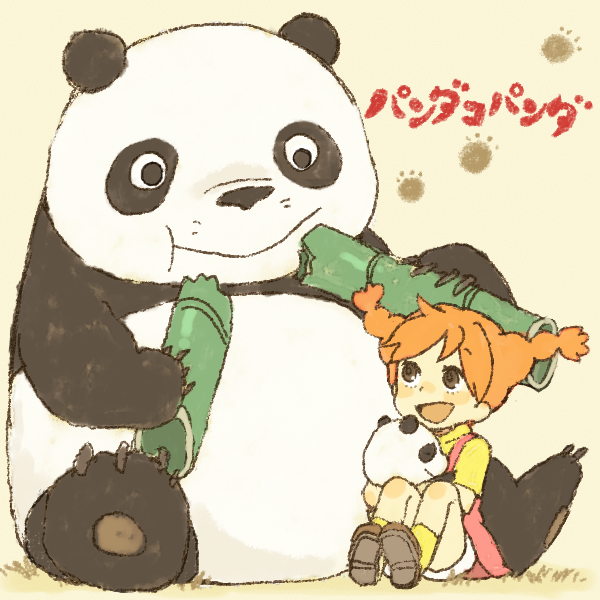 yukke, mimiko, panda! go panda!, 1girl, animal, bamboo, braid, brown eyes, eating, orange hair, panda, smile, twin braids