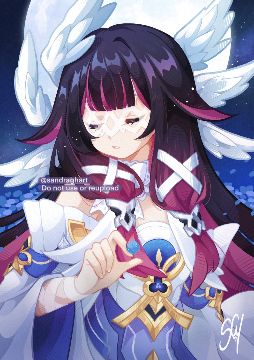 sandragh, columbina (genshin impact), genshin impact, commentary, english commentary, highres, 1girl, bare shoulders, black hair, blue petals, blue sky, center-flap bangs, choker, closed eyes, dress, eye mask, facing to the side, frilled sleeves, frills, full moon, gradient hair, hair flaps, hair over shoulder, hair ribbon, hand up, light particles, long hair, long sleeves, low-tied long hair, moon, multicolored hair, night, night sky, off-shoulder dress, off shoulder, outdoors, parted lips, pink hair, ribbon, sidelocks, sky, smile, solo, streaked hair, twitter username, two-tone hair, u u, upper body, very long hair, watermark, white choker, white dress, white ribbon, wide sleeves