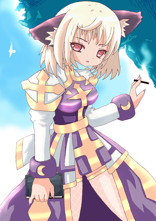 arch bishop (ragnarok online), ragnarok online, ahoge, animal ears, blonde hair, book, brown eyes, cat ears, cigar, short hair, smoking, solo