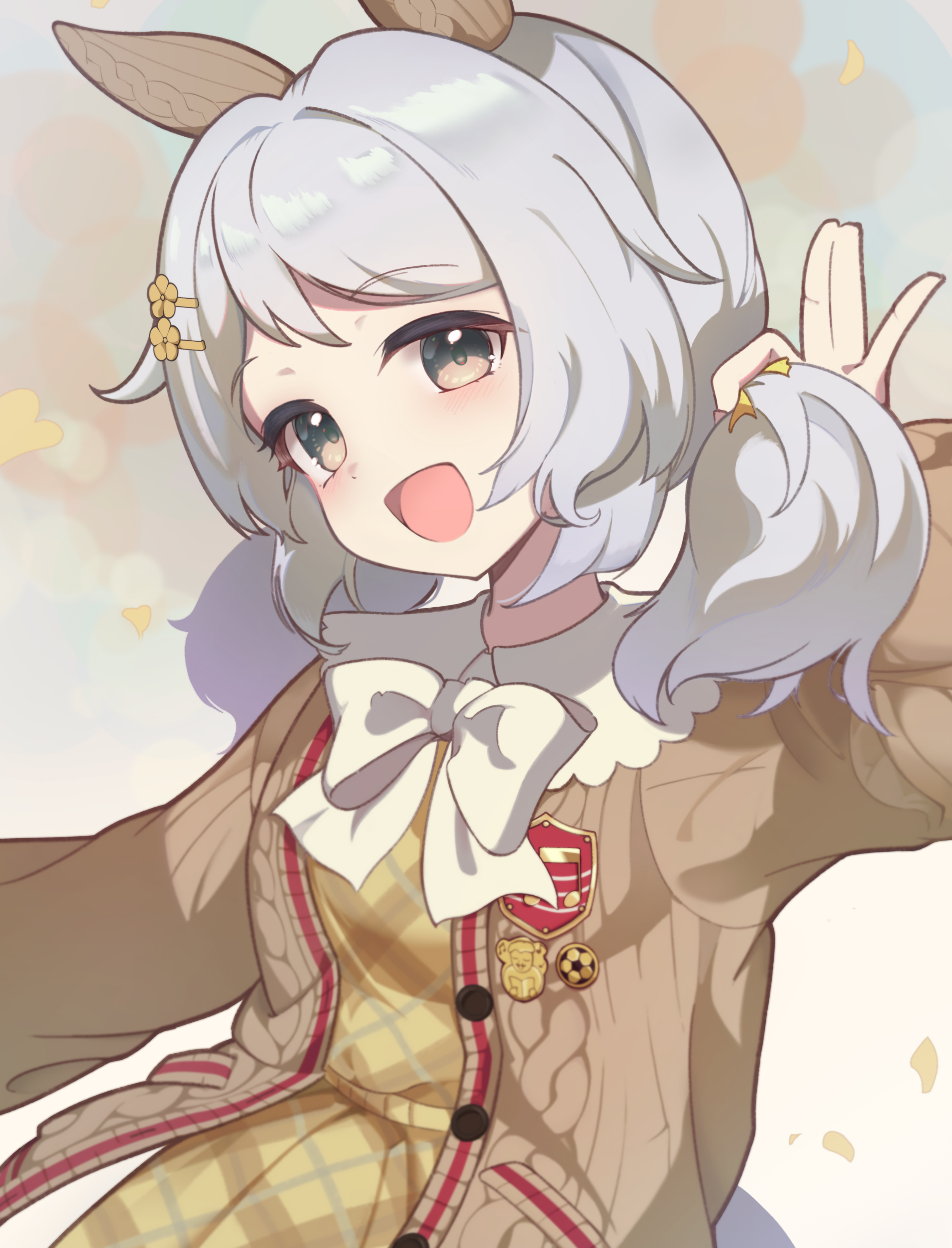 modi, hishi miracle (happy little notes) (umamusume), hishi miracle (umamusume), umamusume, absurdres, commentary request, highres, 1girl, alternate hairstyle, animal ears, breasts, fluffy, grey eyes, grey hair, hair between eyes, hair ornament, horse ears, horse girl, leaf, looking at viewer, medium breasts, medium hair, official alternate costume, open mouth, simple background, solo, sweater
