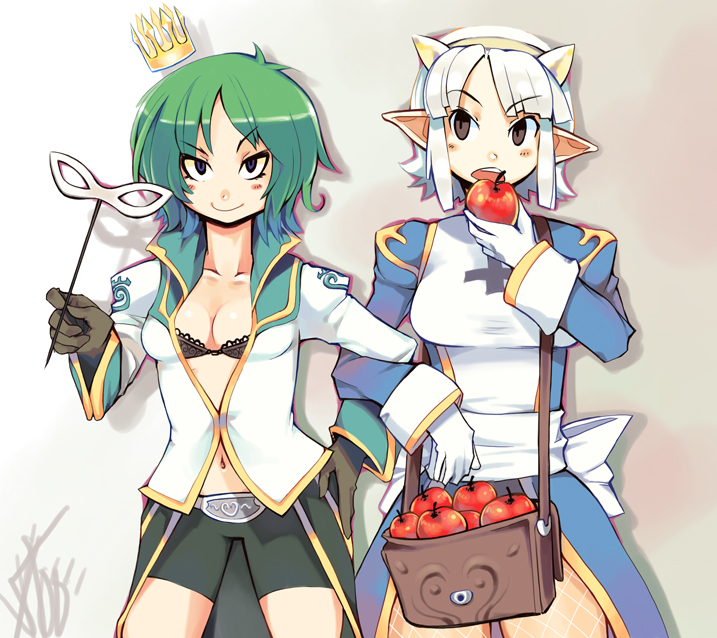 woofycakes, high priest (ragnarok online), ragnarok online, bad id, bad pixiv id, 2girls, alternate color, apple, breasts, cleavage, crossdressing, crossdressing (ftm), crown, eating, food, fruit, green hair, holding, holding food, holding fruit, mask, multiple girls, white hair