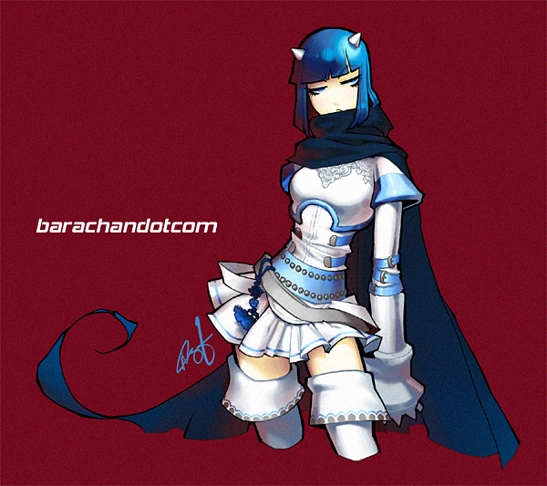 barachan, lord knight (ragnarok online), ragnarok online, 1girl, armor, armored dress, blue hair, dress, female focus, horns, red background, scarf, solo