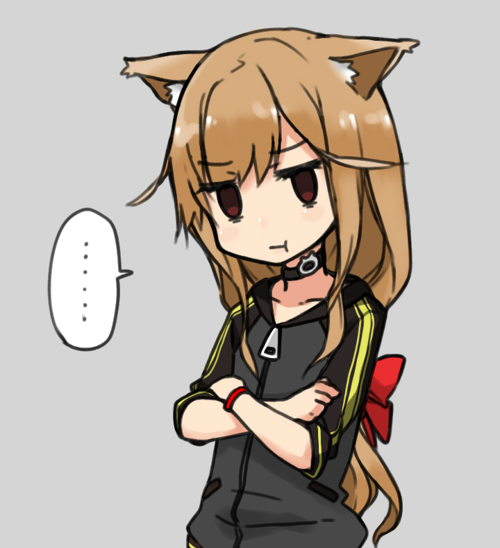 takashiro (takashiro factory), ookami ryouko, ookami-san, commentary request, …, 1girl, :t, animal ear fluff, animal ears, black choker, black sleeves, blush, bow, bracelet, brown eyes, brown hair, choker, closed mouth, collarbone, crossed arms, furrowed brow, grey background, grey jacket, hair bow, jacket, jewelry, jitome, kemonomimi mode, long hair, looking at viewer, low-tied long hair, no pupils, parted bangs, pout, red bow, sidelocks, simple background, sleeves pushed up, solo, speech bubble, spoken ellipsis, standing, three-quarter sleeves, track jacket, upper body, vertical-striped sleeves, very long hair, wolf ears, wolf girl, zipper pull tab