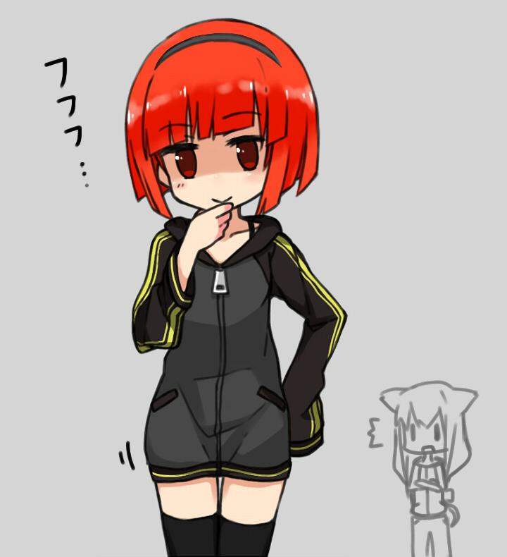takashiro (takashiro factory), akai ringo (ookami-san), ookami ryouko, ookami-san, commentary request, 2girls, :>, ^^^, black sleeves, black thighhighs, blush, bob cut, closed mouth, collarbone, cowboy shot, diagonal bangs, grey background, grey hairband, grey jacket, hairband, hand on own chin, hand on own hip, hand up, jacket, laughing, long sleeves, looking at viewer, motion lines, multiple girls, no pupils, red eyes, red hair, shaded face, short hair, simple background, sleeves past fingers, sleeves past wrists, smile, standing, thighhighs, track jacket, vertical-striped sleeves, zipper pull tab
