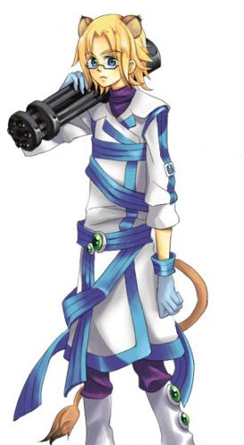 lion (trickster), trickster (ntreev soft), lowres, 10s, animal ears, blonde hair, blue eyes, coat, gatling gun, glasses, gun, male focus, solo, tail, trench coat, weapon