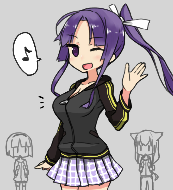 takashiro (takashiro factory), akai ringo (ookami-san), kibitsu momoko, ookami ryouko, ookami-san, commentary request, 3girls, ;d, arm at side, black sleeves, blush, breast envy, breasts, cleavage, collarbone, cowboy shot, eighth note, floating hair, grey background, grey jacket, hair ribbon, hand up, jacket, large breasts, long hair, long sleeves, looking at viewer, looking to the side, miniskirt, multiple girls, musical note, no pupils, notice lines, one eye closed, open mouth, parted bangs, plaid clothes, plaid skirt, pleated skirt, ponytail, purple eyes, purple hair, purple skirt, raised eyebrow, ribbon, sidelocks, simple background, skirt, smile, speech bubble, spoken musical note, standing, track jacket, vertical-striped sleeves, waving, white ribbon, zipper pull tab