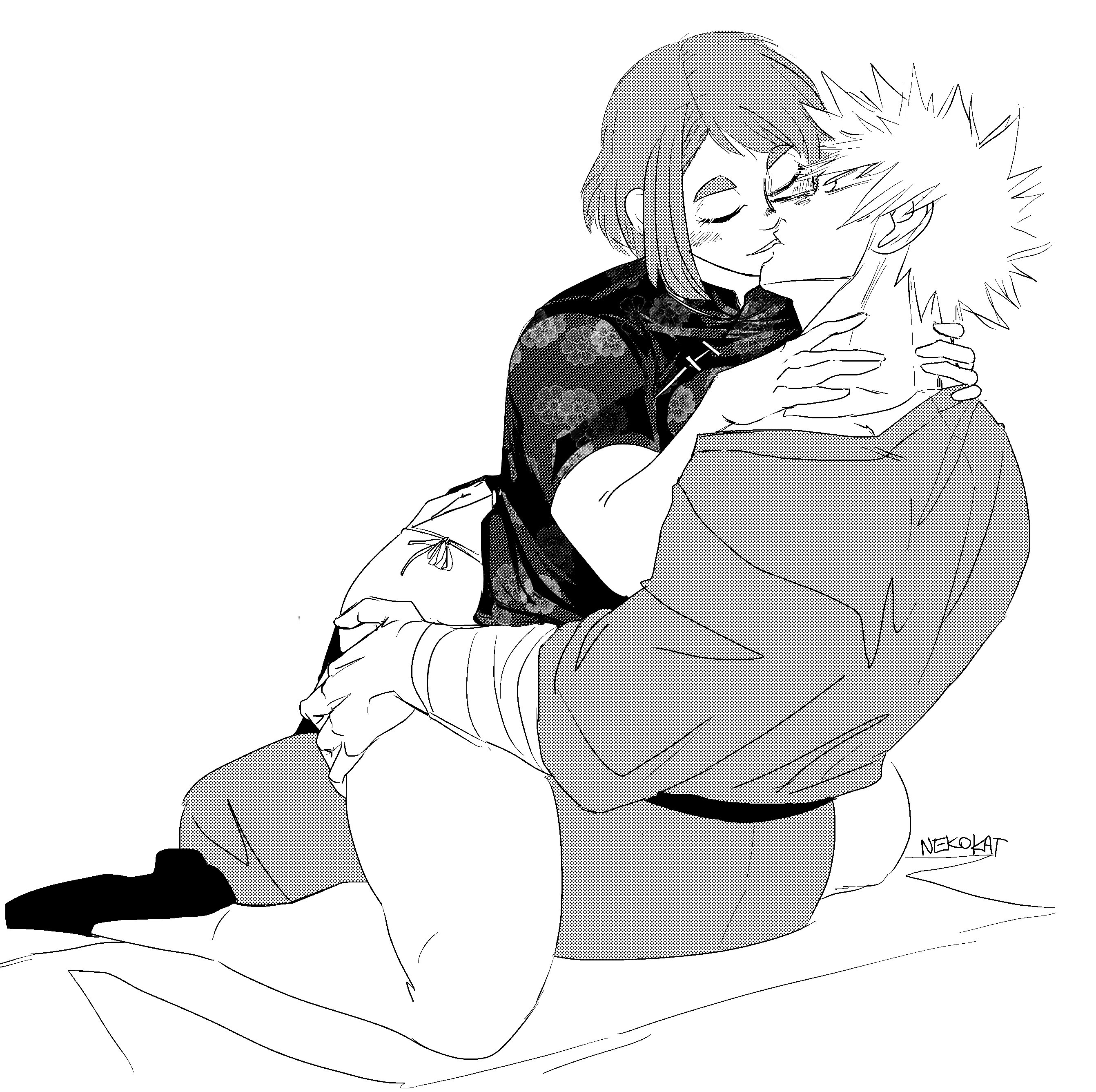 nekokat42, bakugou katsuki, uraraka ochako, boku no hero academia, absurdres, highres, 1boy, 1girl, alternate costume, artist name, bandaged wrist, bandages, bare legs, belt, black belt, blush, china dress, chinese clothes, closed eyes, couple, dress, hand on another's thigh, hands on another's neck, hetero, high heels, kiss, monochrome, panties, pants, screentones, shirt, short hair, side-tie panties, sitting, spiked hair, straddling, thick eyebrows, underwear, upright straddle