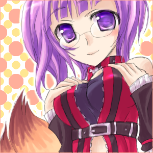 fox (trickster), trickster (ntreev soft), breast hold, lowres, 10s, 1girl, blush, breast suppress, breasts, cleavage, female focus, fingerless gloves, fox tail, glasses, gloves, large breasts, purple eyes, purple hair, solo, tail