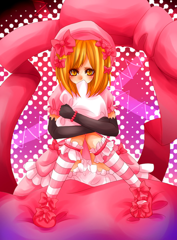lambdadelta, umineko no naku koro ni, lowres, 00s, 1girl, beret, blonde hair, dress, female focus, gloves, hat, hug, hugging object, orange eyes, pillow, pillow hug, pink dress, pink hat, pink theme, ribbon, short hair, sitting, solo