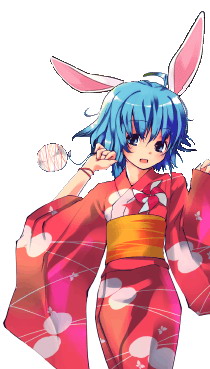 bunny (trickster), trickster (ntreev soft), lowres, 10s, ahoge, animal ears, blue hair, bracelet, japanese clothes, jewelry, kimono, rabbit ears, solo, yukata