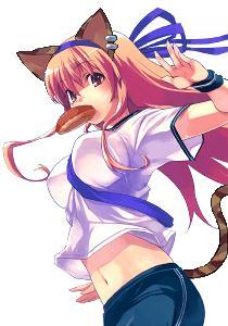 cat (trickster), trickster (ntreev soft), lowres, 10s, animal ears, blonde hair, bow, breasts, brown eyes, cat ears, cat tail, hair bow, impossible clothes, impossible shirt, midriff, necktie, pink hair, shirt, solo, tail