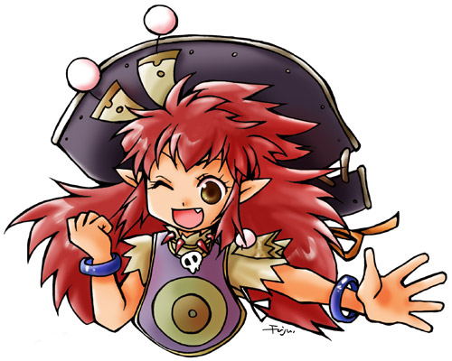 salsa, salsa (trusty bell), trusty bell, lowres, brown eyes, fang, hat, one eye closed, pirate, pointy ears, red hair, solo, wink