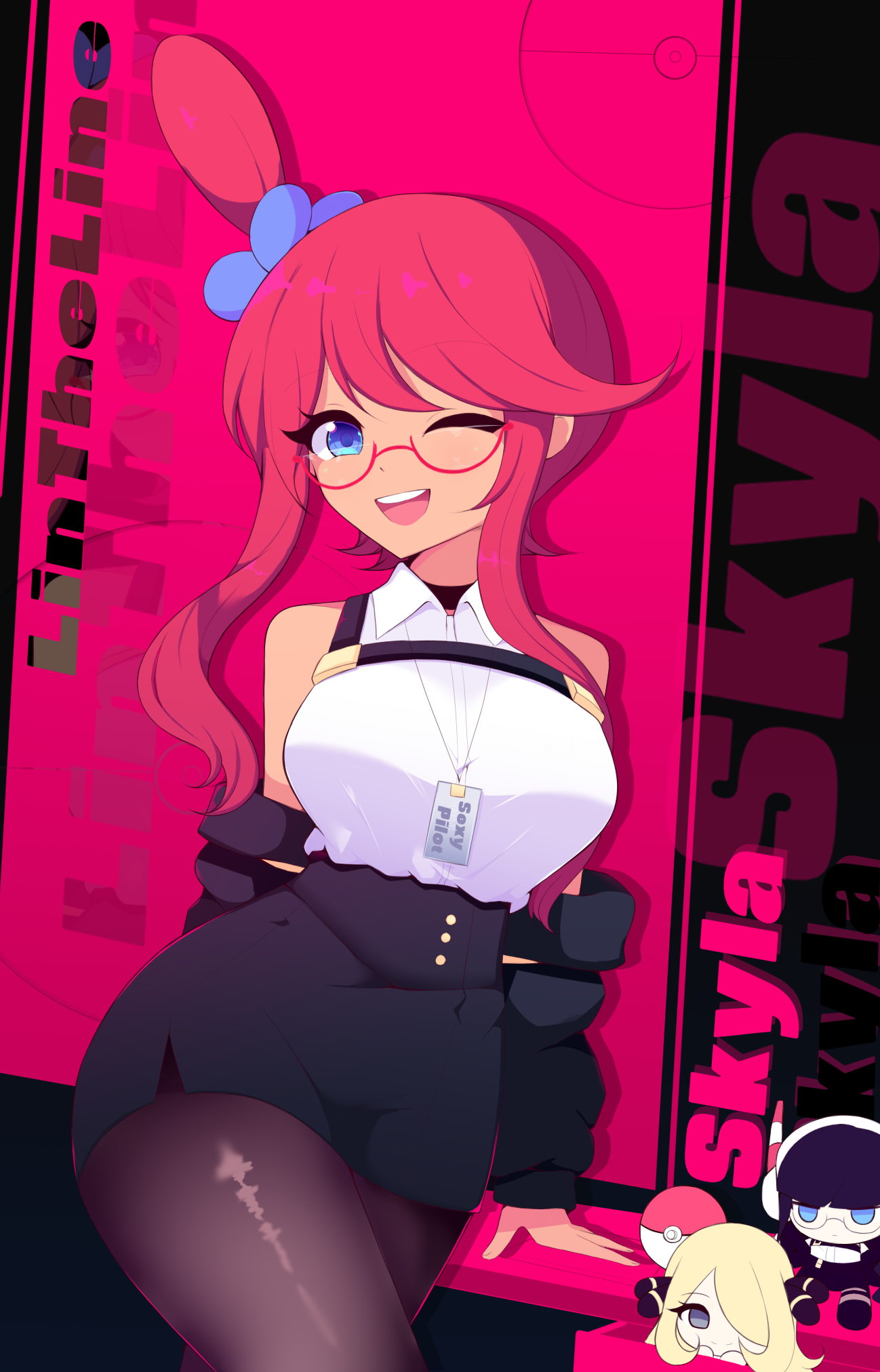 linefee23, cynthia (pokemon), elesa (pokemon), skyla (pokemon), nintendo, pokemon, pokemon bw, pokemon bw2, pokemon dppt, highres, 1girl, 2024 pokemon teraleak, alternate costume, artist name, bare shoulders, bespectacled, black skirt, blue eyes, breasts, brown pantyhose, character doll, character name, chest harness, collared shirt, doll, glasses, hair ornament, harness, high-waist skirt, jacket, jacket partially removed, large breasts, miniskirt, one eye closed, one side up, open mouth, pantyhose, pencil skirt, red-framed eyewear, red hair, semi-rimless eyewear, shirt, shirt tucked in, short hair with long locks, sidelocks, skirt, sleeveless, sleeveless shirt, smile, teeth, upper teeth only, white shirt