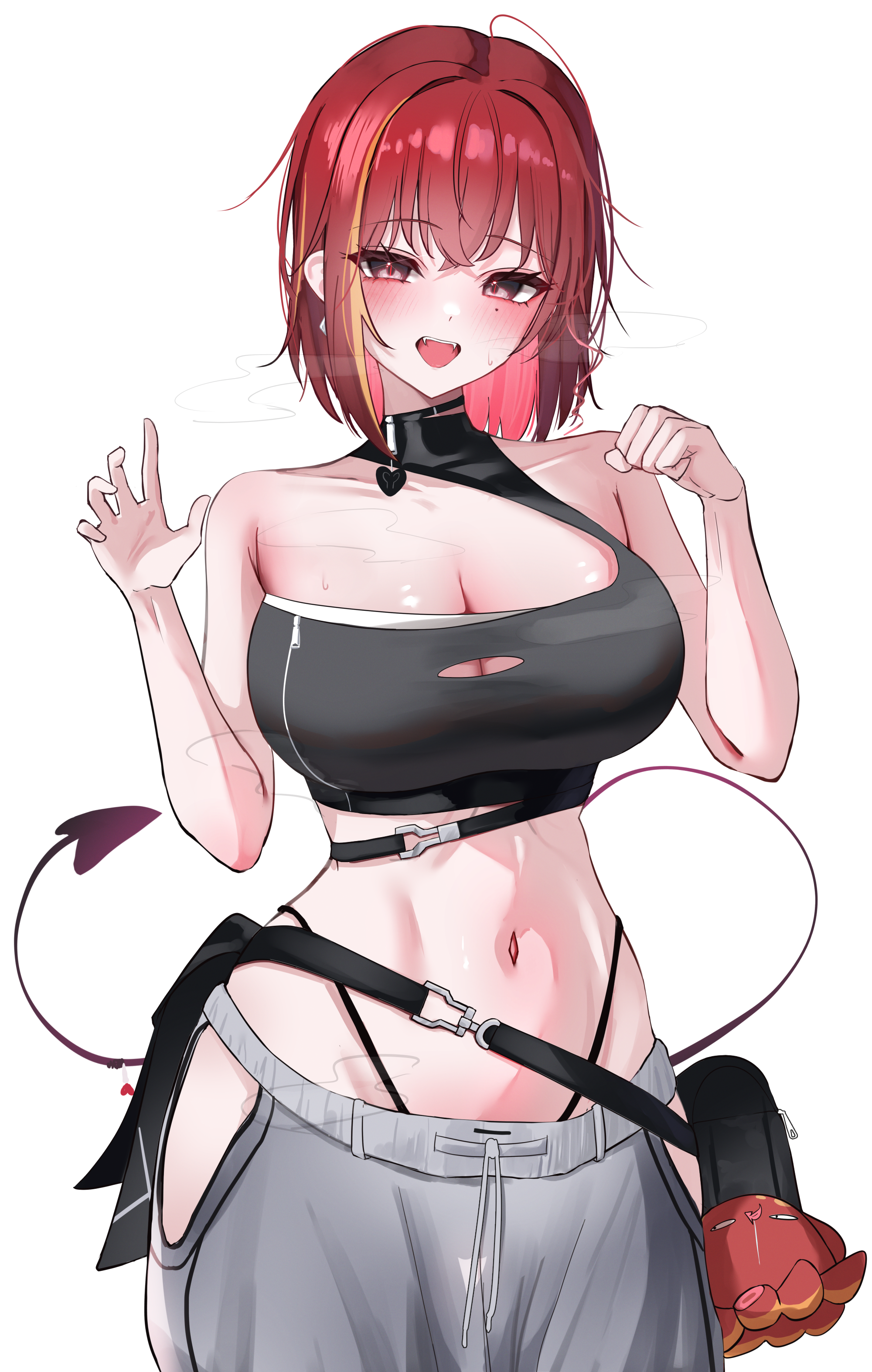 yeomhwauranyum, akane lize, neneko mashiro, stellive, absurdres, highres, 1girl, asymmetrical clothes, asymmetrical shirt, bare arms, bare shoulders, black shirt, blush, breasts, cleavage, clothing cutout, cosplay, crop top, fangs, grey pants, hands up, highleg, hip vent, large breasts, looking at viewer, midriff, mole, mole under eye, multicolored hair, navel, neneko mashiro (cosplay), open mouth, pants, panty straps, paw pose, pienna (akane lize), shirt, short hair, simple background, sleeveless, sleeveless shirt, smile, solo, steam, stomach, streaked hair, sweat, virtual youtuber, white background