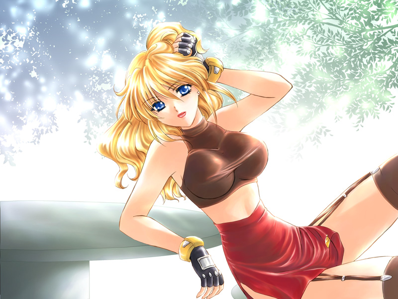 arumacchi, excellen browning, banpresto, super robot wars, 1girl, blonde hair, blue eyes, breasts, buckle, female focus, fingerless gloves, from side, garter straps, gloves, large breasts, long hair, looking at viewer, looking to the side, midriff, navel, solo, stomach