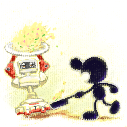 bone (stare), family computer robot, mr. game & watch, game & watch, nintendo, super smash bros., lowres, food, fried rice, no humans, non-humanoid robot, plate, robot