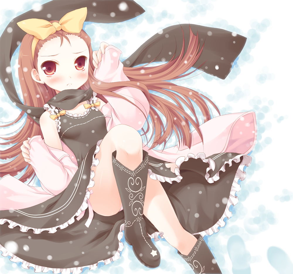 komi zumiko, minase iori, idolmaster, idolmaster (classic), idolmaster 1, bad id, bad pixiv id, 00s, brown eyes, brown hair, forehead, hairband, long hair, lying, scarf, snow, solo