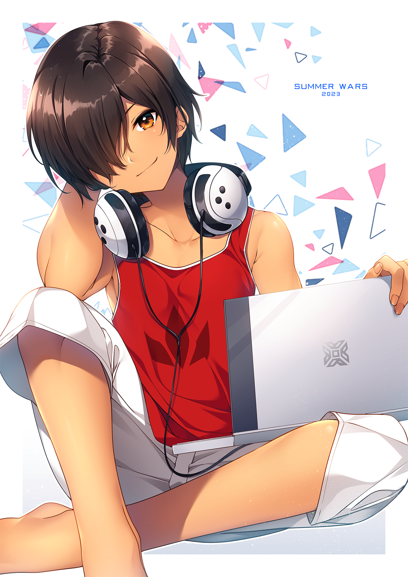 kagetsu kei, ikezawa kazuma, summer wars, commentary request, highres, 1boy, 2023, abstract background, arm behind head, arm up, brown eyes, brown hair, closed mouth, collarbone, computer, copyright name, dark-skinned male, dark skin, hair over one eye, head tilt, headphones, holding, holding laptop, laptop, looking at viewer, male focus, one eye covered, red tank top, shorts, sitting, smile, solo, tank top, white shorts