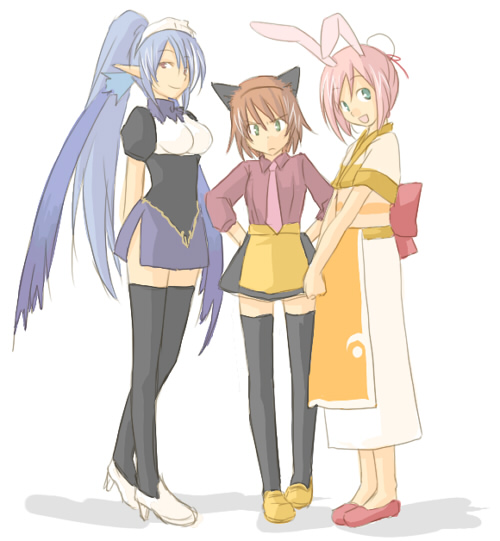 estellise sidos heurassein, judith (tales), rita mordio, tales of (series), tales of vesperia, 00s, 3girls, alternate costume, animal ears, blue eyes, blue hair, brown hair, cat ears, green eyes, japanese clothes, kimono, long hair, maid, multiple girls, necktie, official alternate costume, pink hair, pointy ears, ponytail, purple eyes, rabbit ears, short hair, smile, thighhighs, waitress