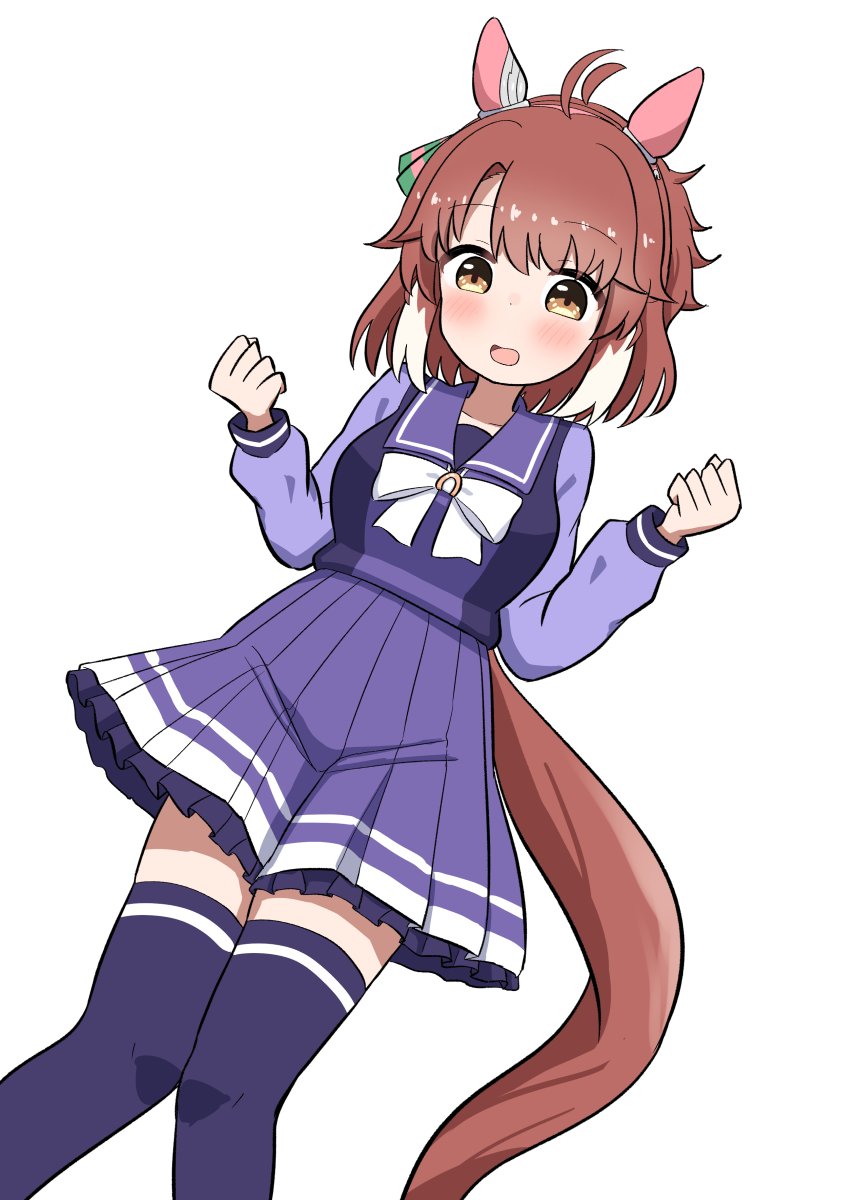 shein, dantsu flame (umamusume), umamusume, highres, 1girl, ahoge, animal ears, blush, bow, breasts, brown eyes, brown hair, checkered ribbon, ear covers, ear ornament, ear ribbon, full body, hair between eyes, hair ornament, horse ears, horse girl, horse tail, large breasts, long sleeves, looking at viewer, multicolored hair, open mouth, purple sailor collar, purple serafuku, purple shirt, purple skirt, purple thighhighs, sailor collar, sailor shirt, school uniform, serafuku, shirt, short hair, simple background, skirt, smile, solo, tail, thighhighs, tracen school uniform, white background, white bow, white hair