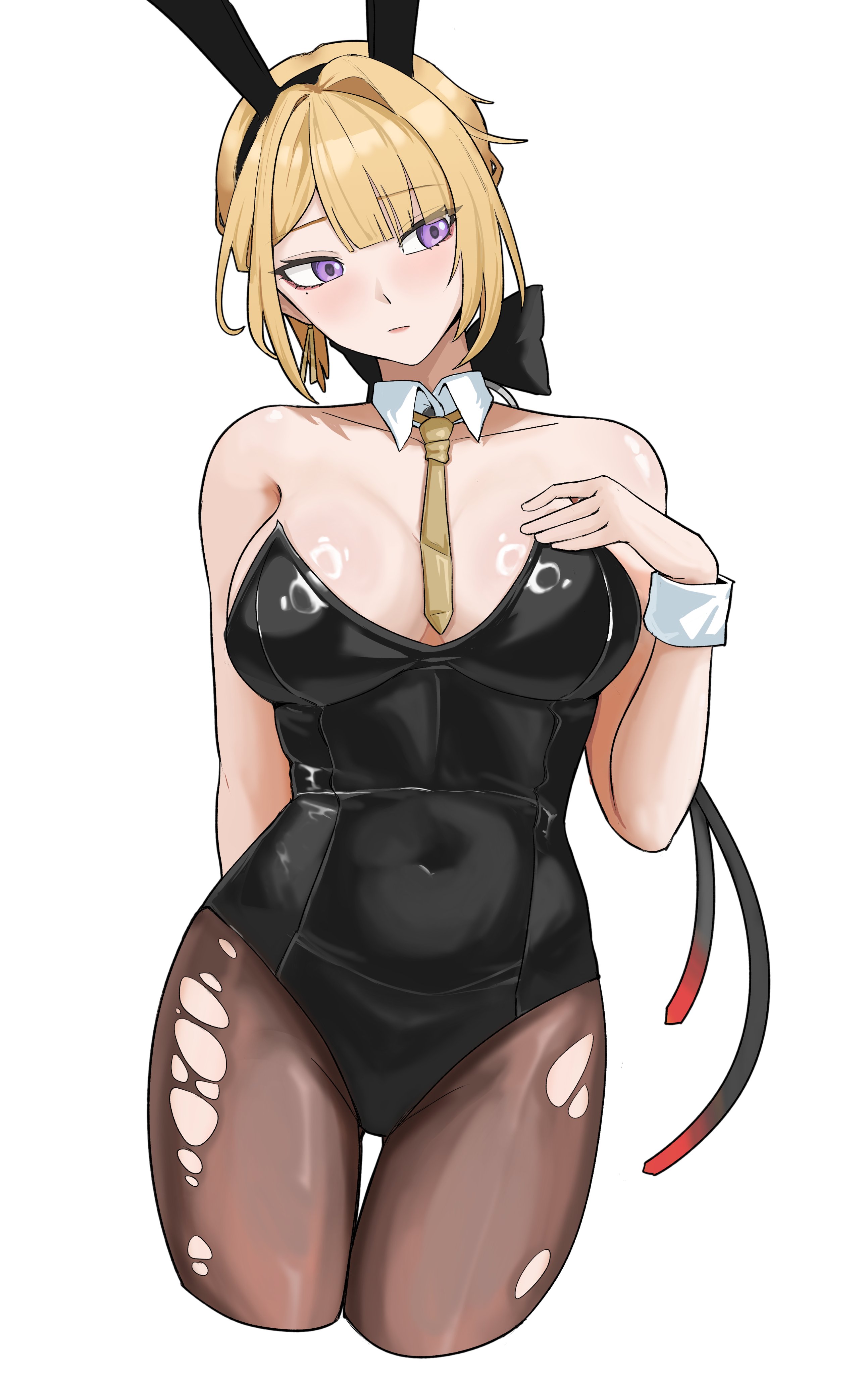 evelyn chevalier, zenless zone zero, absurdres, highres, 1girl, animal ears, arm behind back, bare shoulders, between breasts, black bow, black leotard, blonde hair, blush, bow, breasts, collarbone, covered navel, cowboy shot, cropped legs, detached collar, facing viewer, fake animal ears, hair ribbon, kurokoi art, large breasts, leotard, long hair, looking to the side, necktie, necktie between breasts, pantyhose, playboy bunny, purple eyes, rabbit ears, ribbon, sidelocks, simple background, solo, strapless, strapless leotard, thigh gap, thighs, torn clothes, torn pantyhose, white background, wrist cuffs