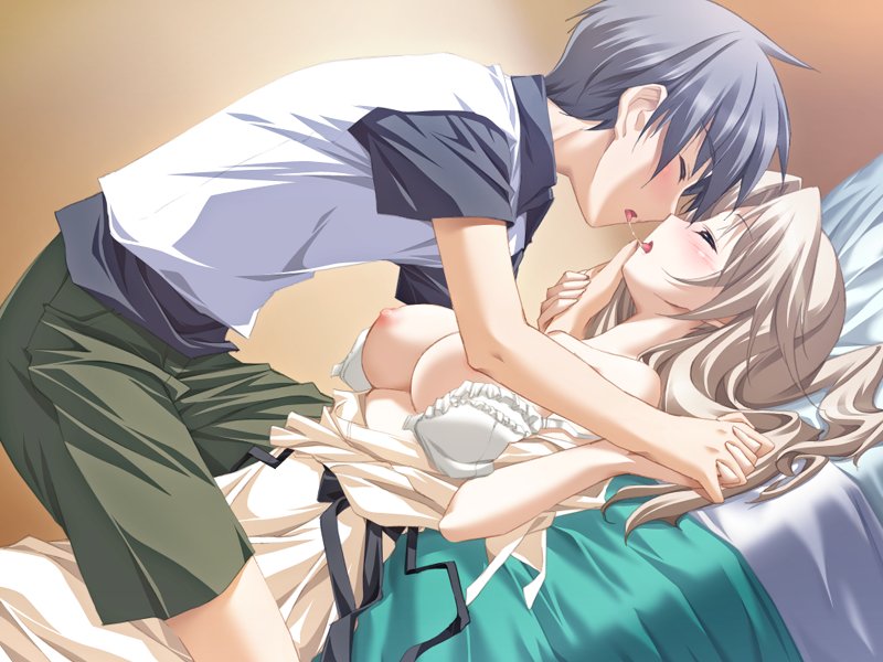 kurashima tomoyasu, yuugiri ruriko, ashita no kimi to au tame ni, game cg, 1boy, 1girl, blonde hair, blush, bra, breasts, gradient background, hetero, holding hands, kiss, large breasts, lingerie, saliva, saliva trail, underwear