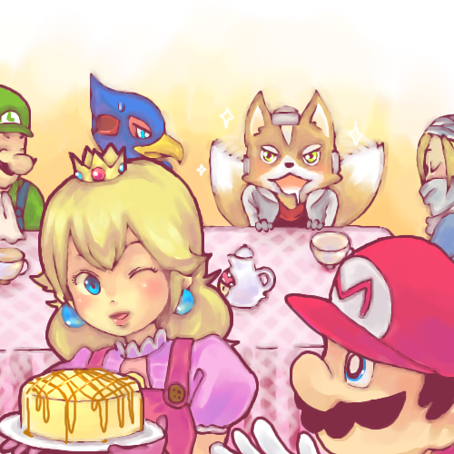 bone (stare), falco lombardi, fox mccloud, luigi, mario, princess peach, princess zelda, sheik, mario (series), nintendo, star fox, super smash bros., the legend of zelda, the legend of zelda: ocarina of time, lowres, 2boys, 2girls, apron, beak, blonde hair, blue eyes, cake, crown, earrings, facial hair, food, furry, furry male, hat, jewelry, multiple boys, multiple girls, mushroom, mustache, one eye closed, pastry, saliva, smile, tail, wink, yellow eyes
