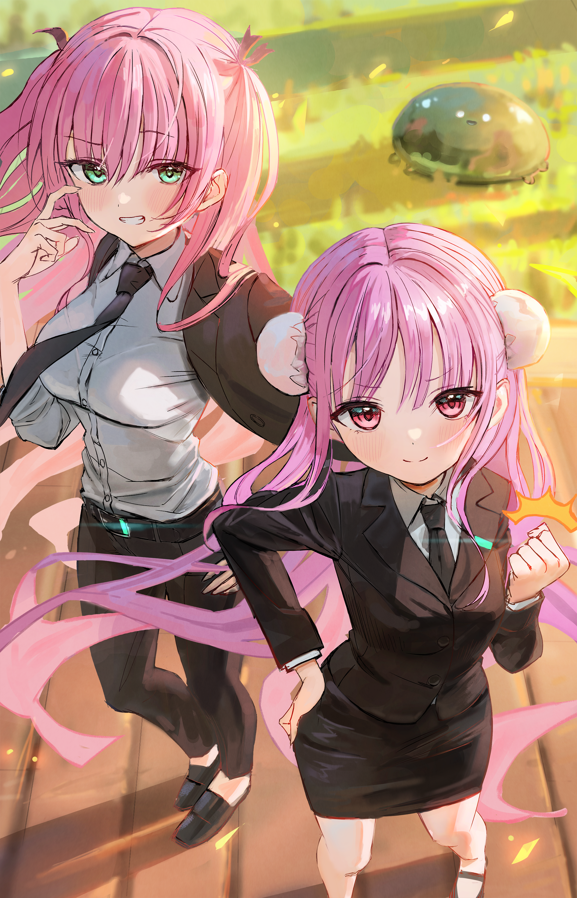 sonchi, aikawa megumi, kunimi tama, heaven burns red, absurdres, highres, 2girls, belt, black belt, black jacket, black necktie, black pants, black skirt, black suit, blush, breasts, bun cover, clenched hand, closed mouth, collared shirt, day, double bun, dress shirt, floating hair, formal clothes, from above, grass, green eyes, grin, hair between eyes, hair bun, hand on own hip, hand up, jacket, large breasts, long hair, long sleeves, looking at viewer, medium breasts, miniskirt, multiple girls, narby (heaven burns red), necktie, office lady, open clothes, open jacket, outdoors, pant suit, pants, pencil skirt, pink eyes, pink hair, red eyes, shirt, shoes, skirt, skirt suit, smile, standing, suit, two side up, v-shaped eyebrows, very long hair, white shirt