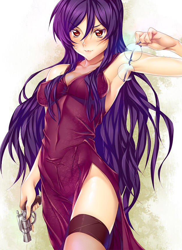 kink (tortoiseshell), tieria erde, gundam, gundam 00, gender request, 00s, 1girl, armpits, female focus, genderswap, glasses, gun, handgun, long hair, pistol, purple hair, red eyes, revolver, side slit, solo, thighhighs, weapon