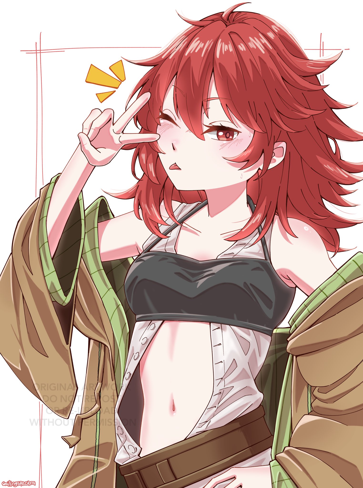 smilingspectra, hiita (yu-gi-oh!), hiita the fire charmer, yu-gi-oh!, commentary, english commentary, highres, 1girl, armpit crease, artist name, bandeau, bare shoulders, belt, black bandeau, blush, breasts, brown belt, brown robe, collarbone, cowboy shot, duel monster, hair between eyes, hand on own hip, hooded robe, long hair, long sleeves, looking at viewer, medium breasts, navel, notice lines, off shoulder, one eye closed, open clothes, open robe, red eyes, red hair, robe, shirt, sidelocks, sleeveless, sleeveless shirt, solo, standing, stomach, tongue, tongue out, unbuttoned, unbuttoned shirt, v, v over eye, watermark, white shirt